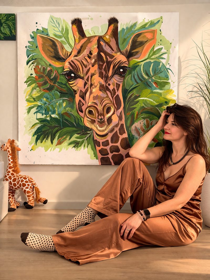 Hello from the Jungle — acrylic giraffe painting by Vlady Zinkovska
